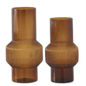 14" Amber Glass Vertical Ribbed Vase with Saucer