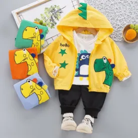 3Pc Set Cartoon Dinosaur Image Design Hooded Sweater Sets For Kids