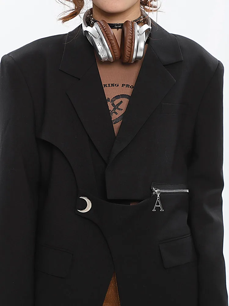 A Croissant Moon Silver Brooch Embroidery Zipper Button Up Long Sleeve Button Up Blazer Jacket