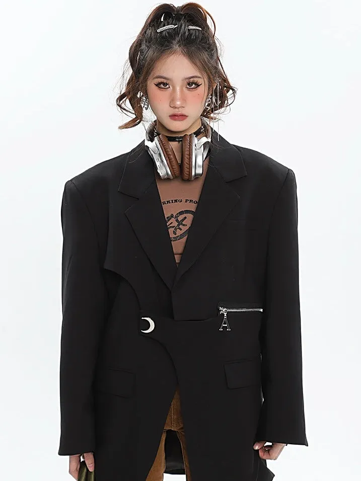 A Croissant Moon Silver Brooch Embroidery Zipper Button Up Long Sleeve Button Up Blazer Jacket