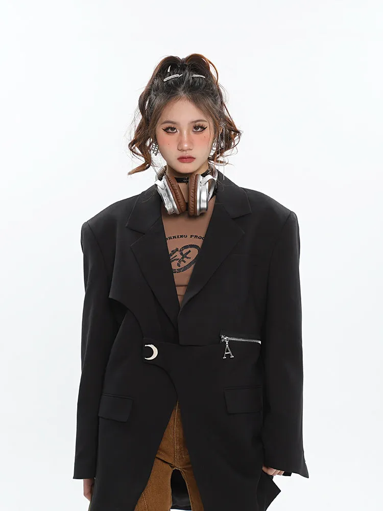 A Croissant Moon Silver Brooch Embroidery Zipper Button Up Long Sleeve Button Up Blazer Jacket