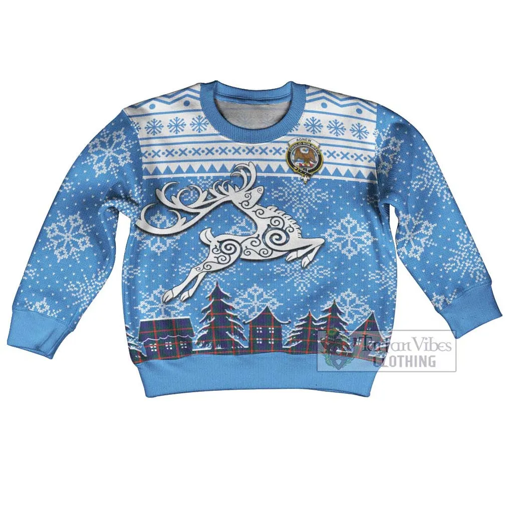 Agnew Clan Christmas Kid Ugly Sweater with Tartan and Celtic Reindeer Style