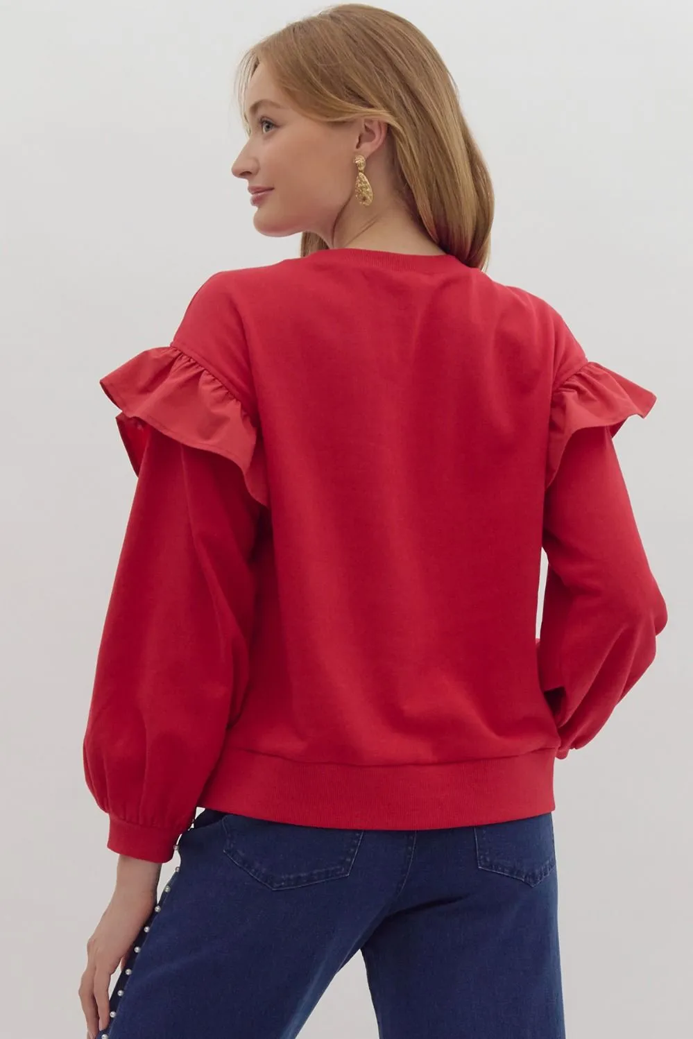 Alice Ruffle Sleeve Sweater With Bow - Red