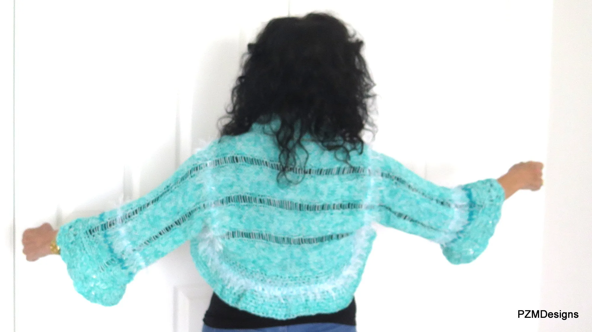 Aqua Hand Knit Bolero Shrug with White Fancy Fur