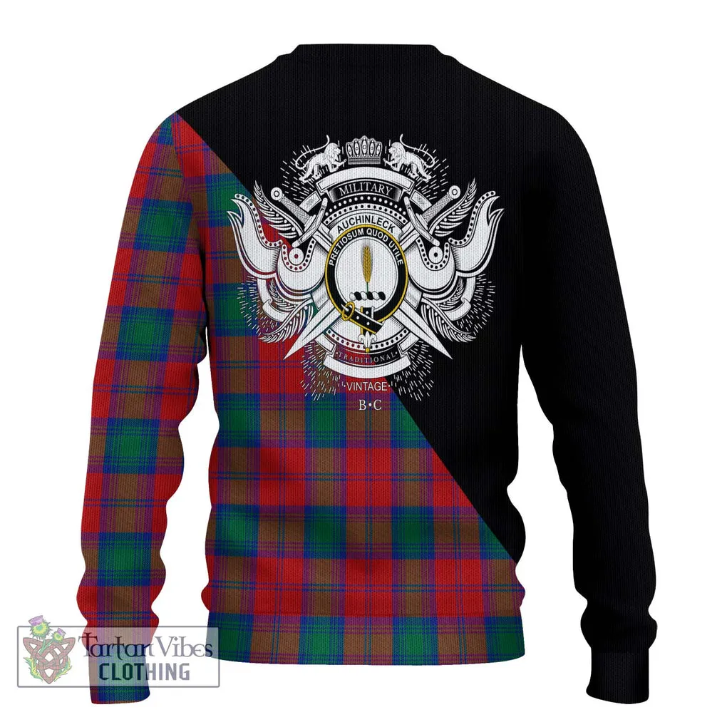 Auchinleck (Affleck) Tartan Ugly Sweater with Family Crest and Military Logo Style