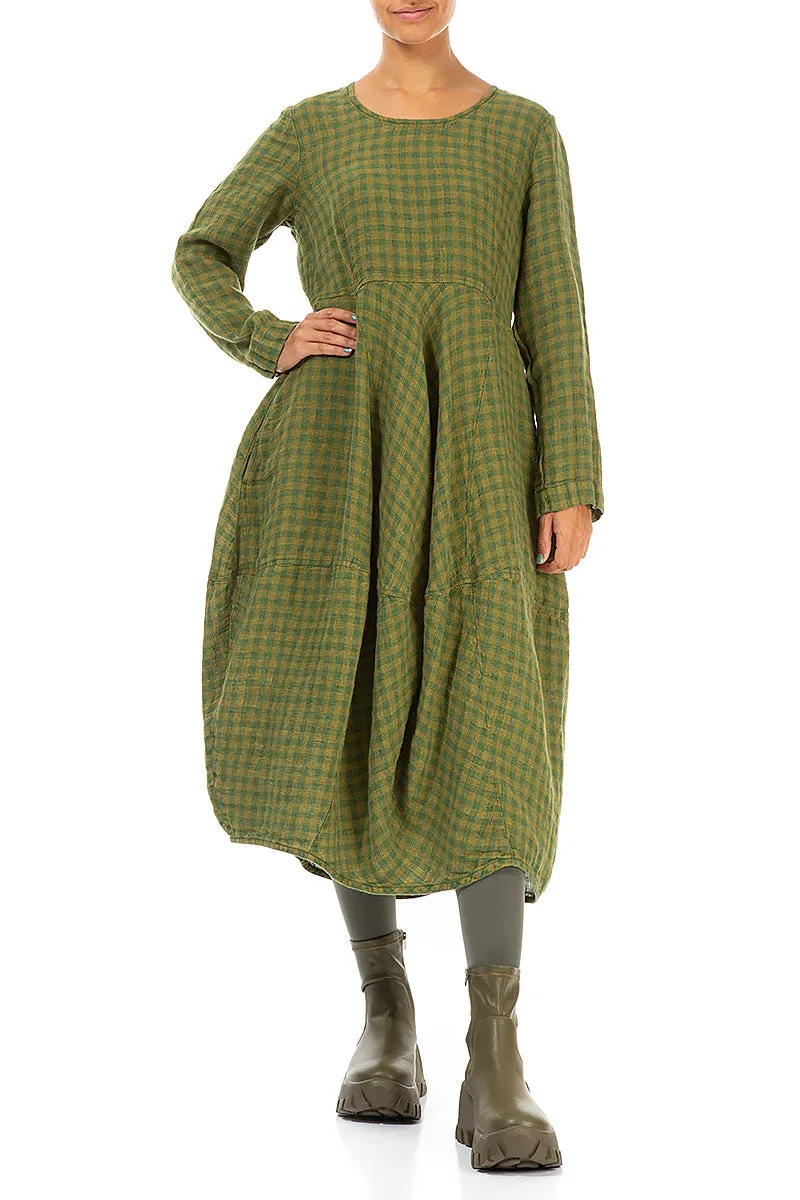 Balloon Green Check Linen Dress