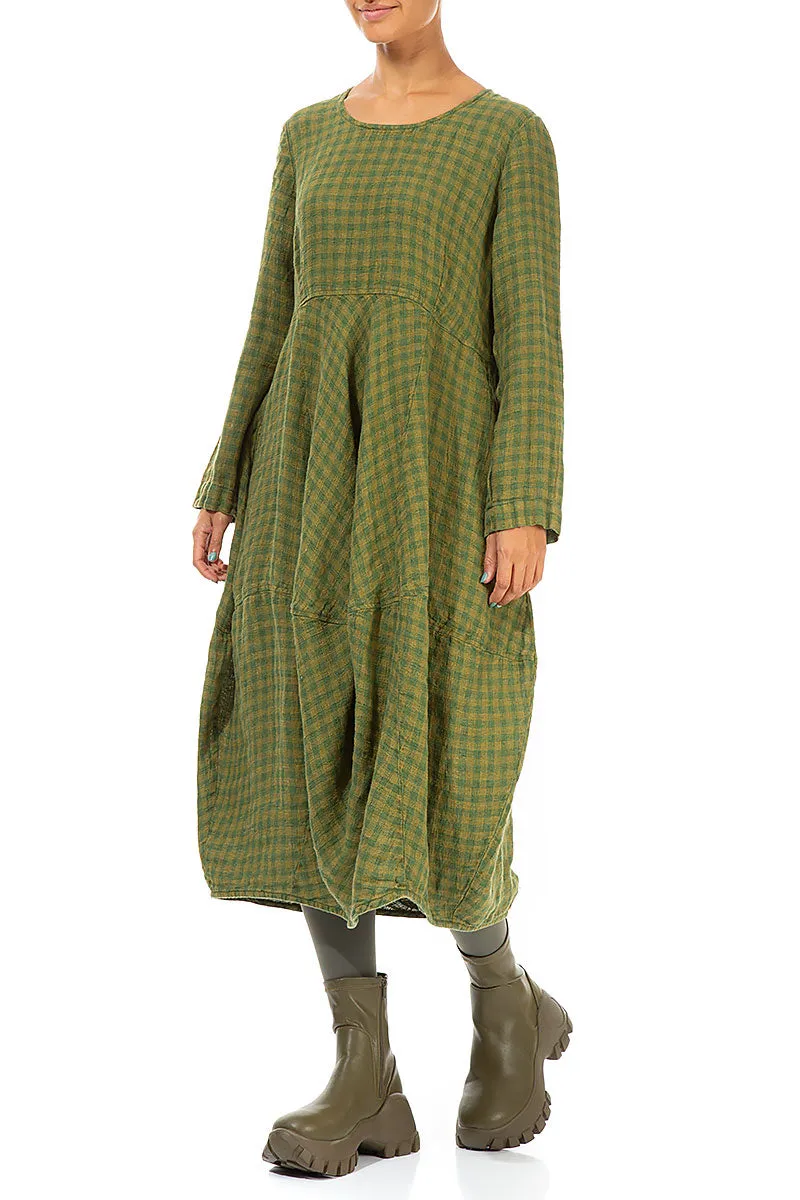 Balloon Green Check Linen Dress