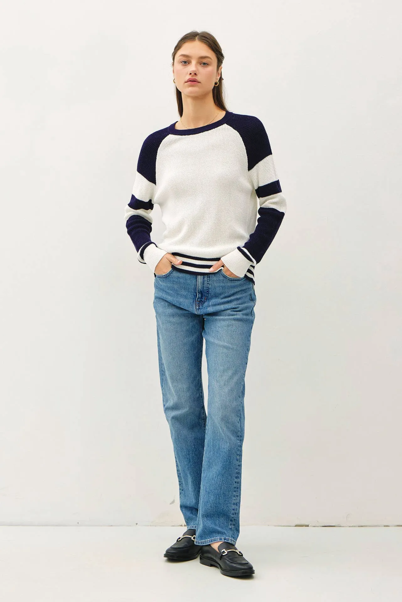 BASEBALL STYLE SWEATER WITH STRIPED ACCENTS