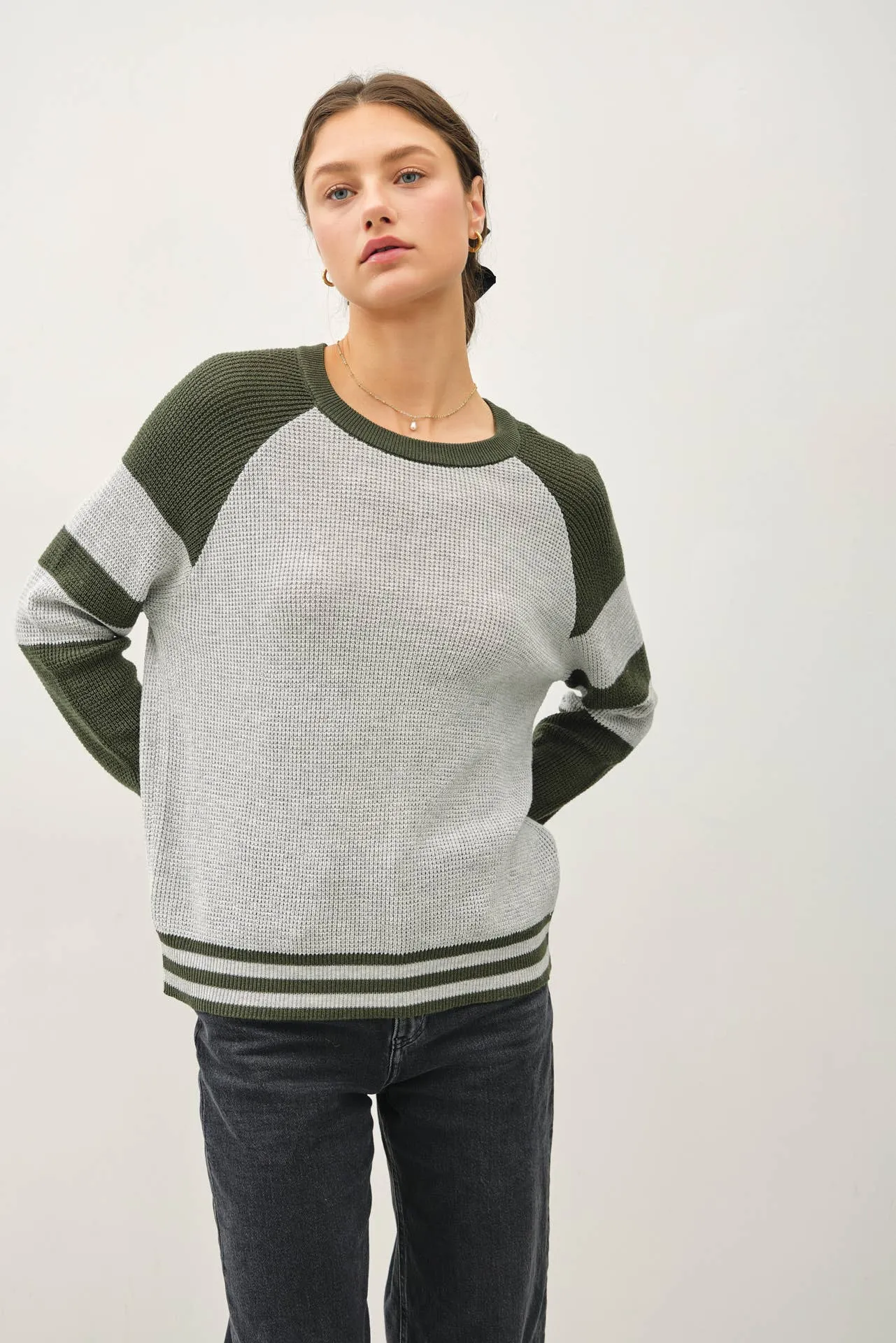 BASEBALL STYLE SWEATER WITH STRIPED ACCENTS