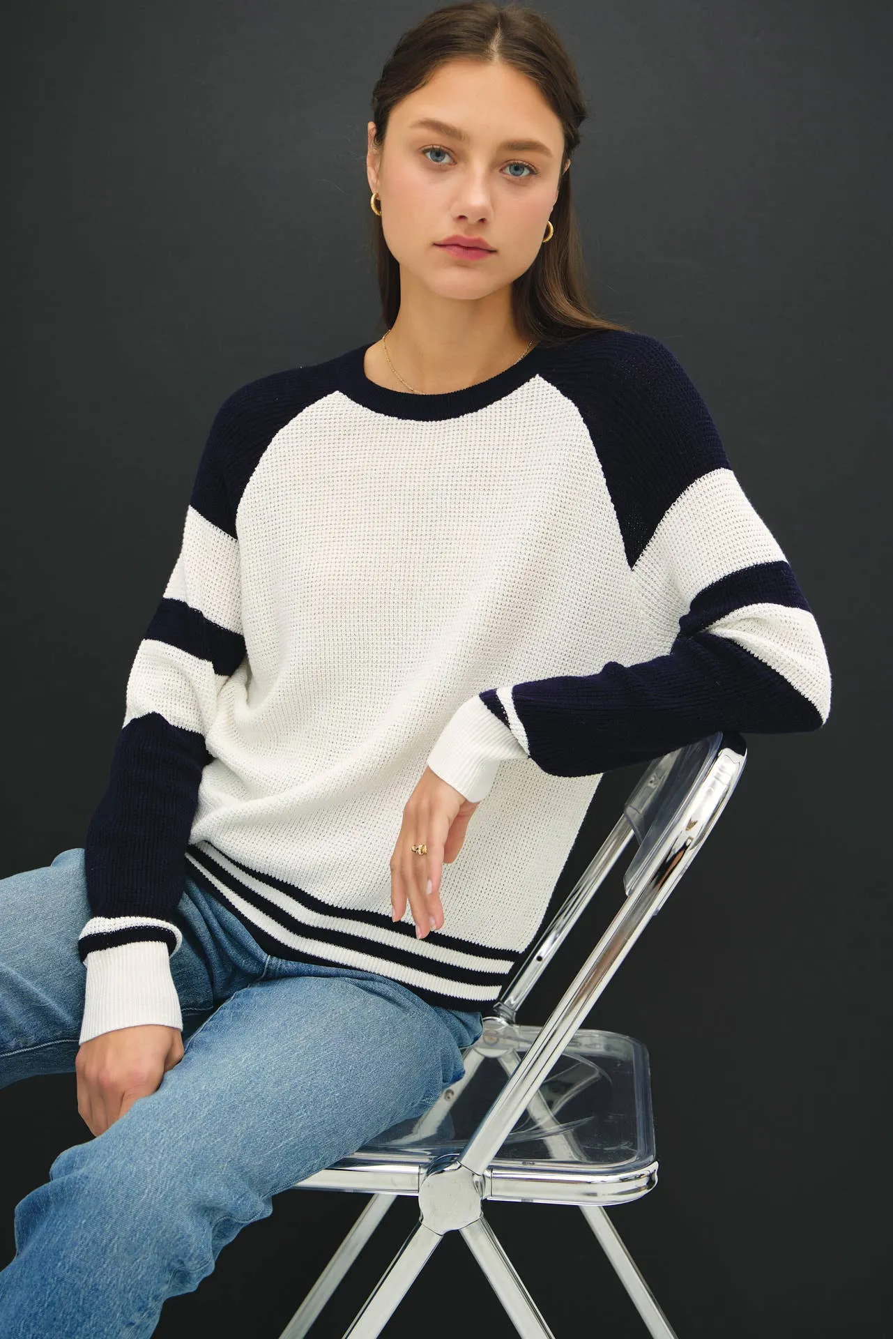 BASEBALL STYLE SWEATER WITH STRIPED ACCENTS