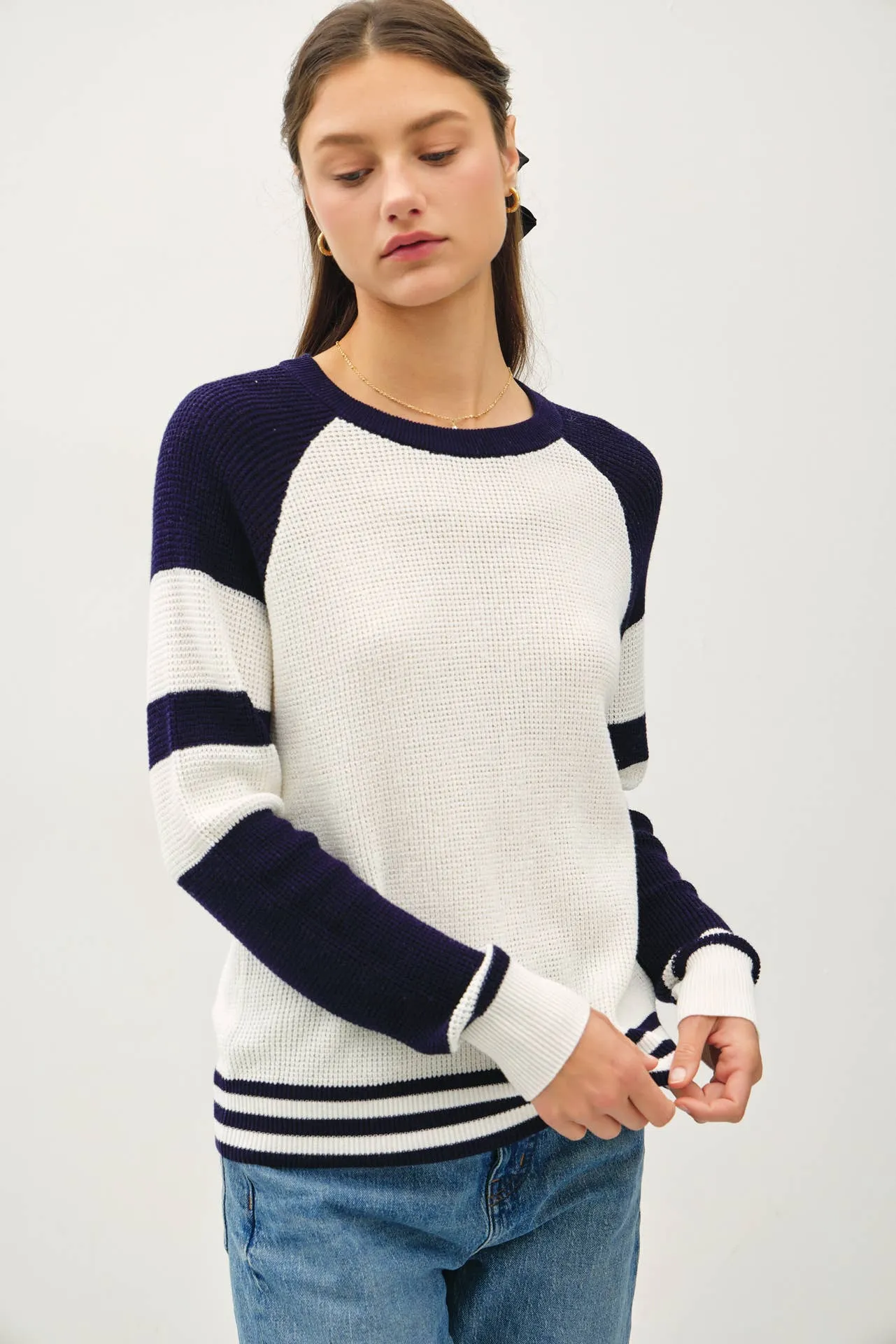 BASEBALL STYLE SWEATER WITH STRIPED ACCENTS