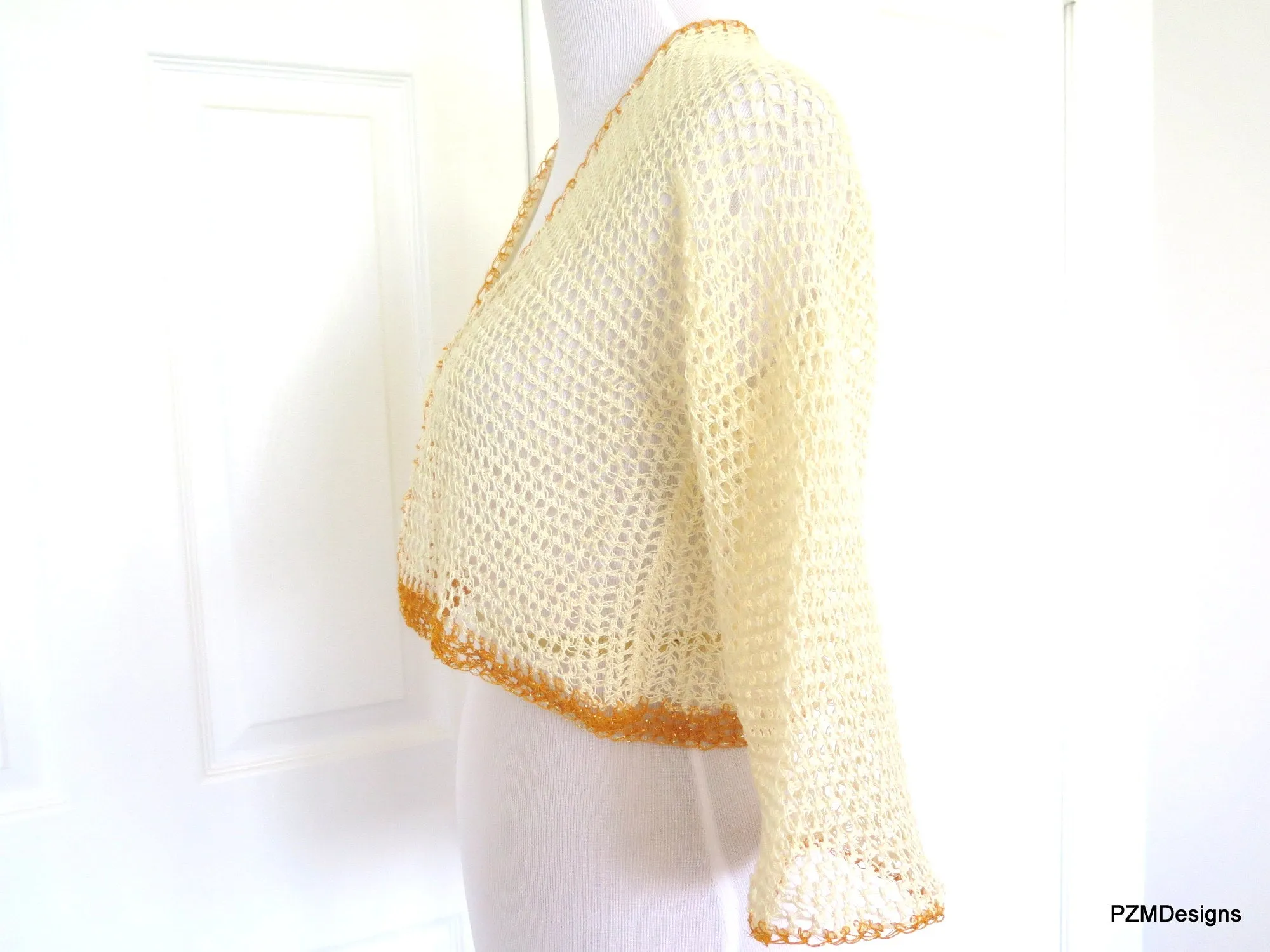 Beige Cotton Crochet Tie Front Bridal Shrug