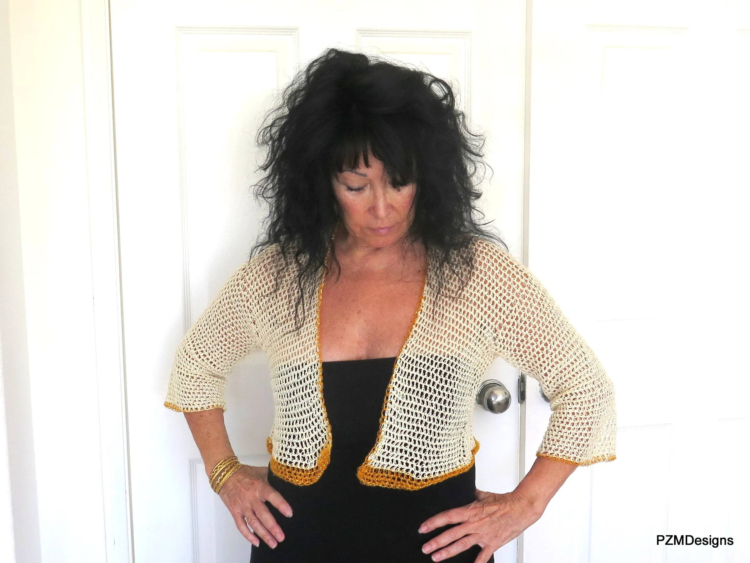 Beige Cotton Crochet Tie Front Bridal Shrug