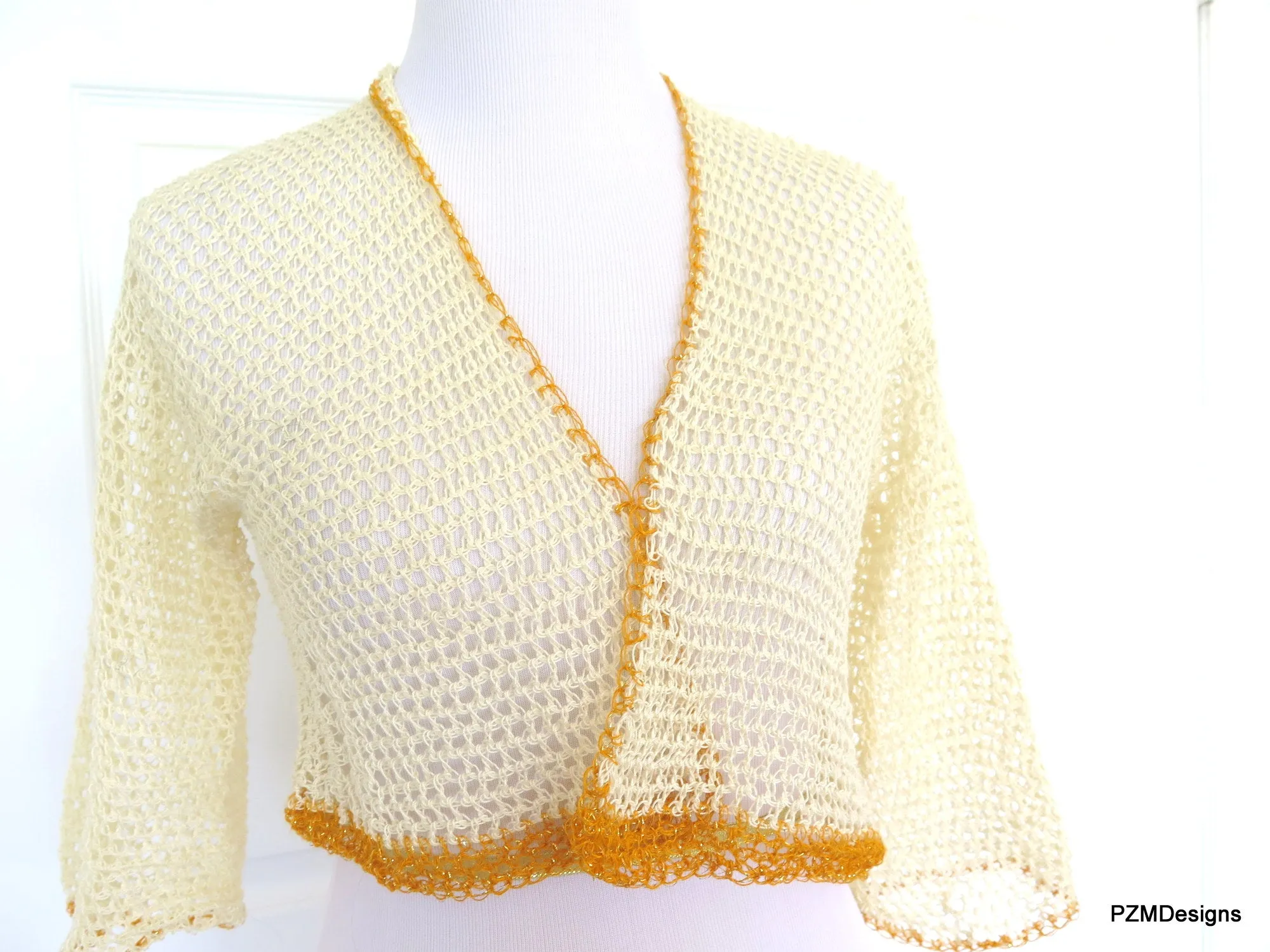 Beige Cotton Crochet Tie Front Bridal Shrug