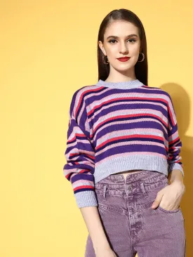 Berrylush Women Purple & Pink Striped Pattern Round Neck Acrylic Ribbed Hem Cropped Pullover