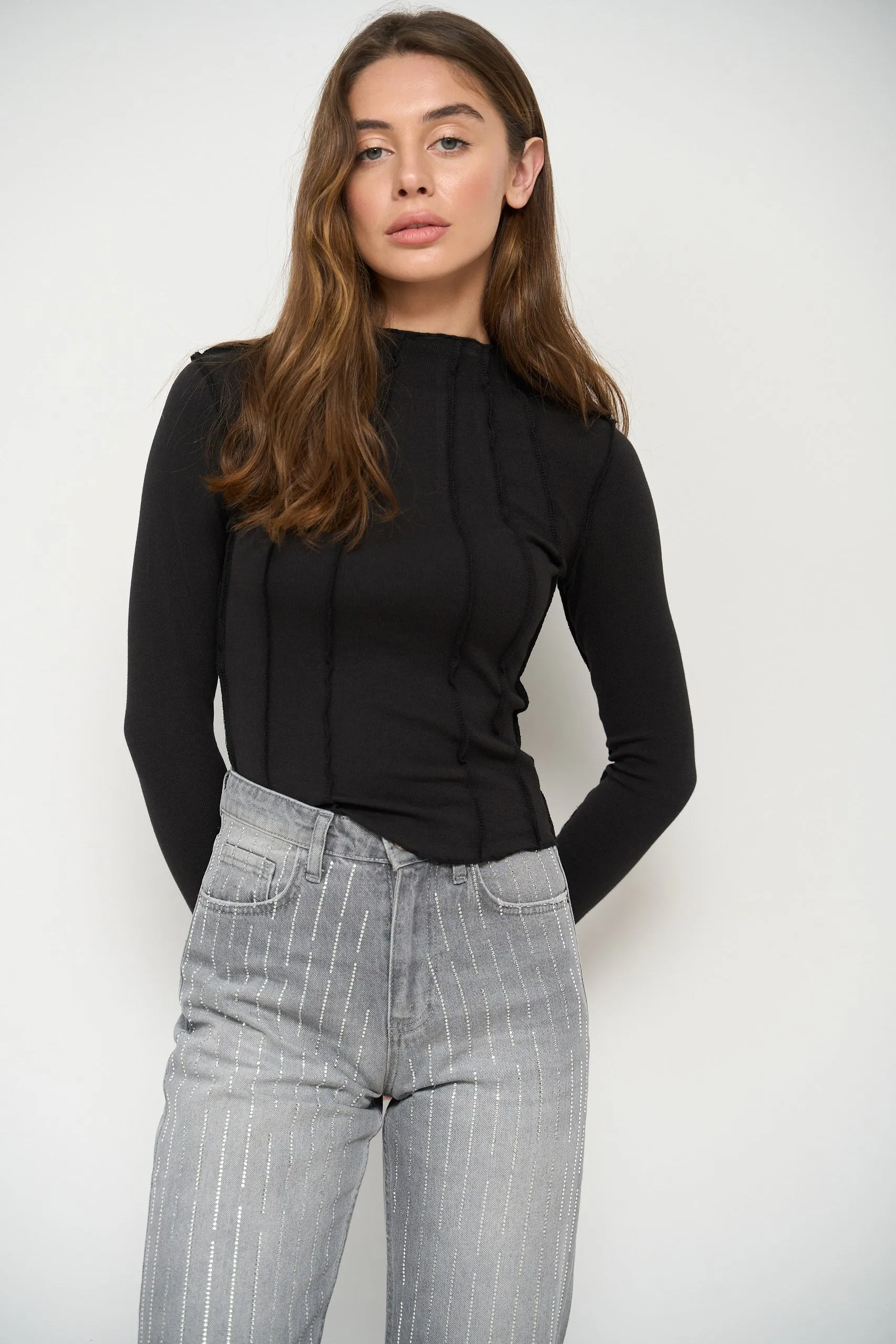 Black Long Sleeve Top with Reversed Seams