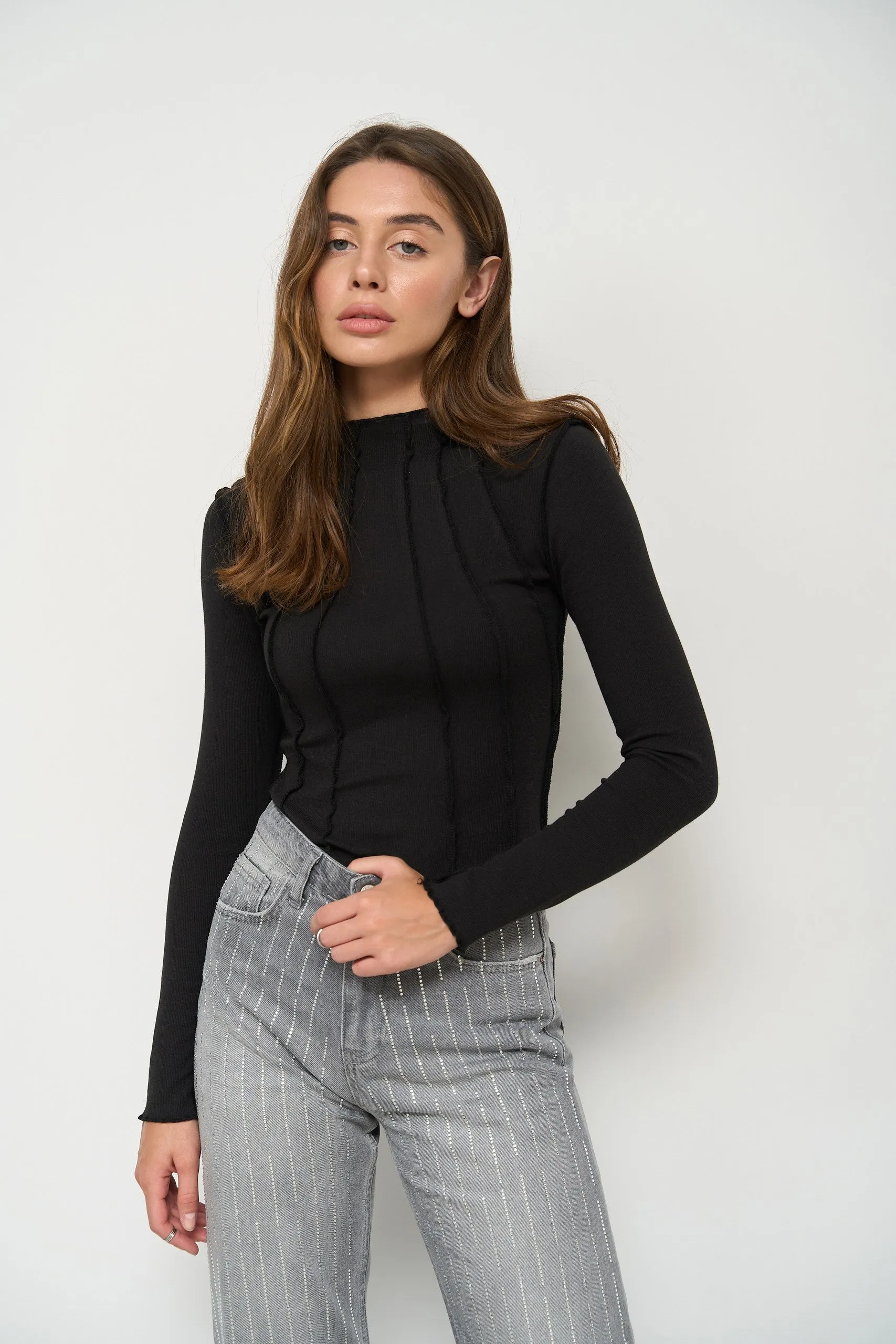 Black Long Sleeve Top with Reversed Seams