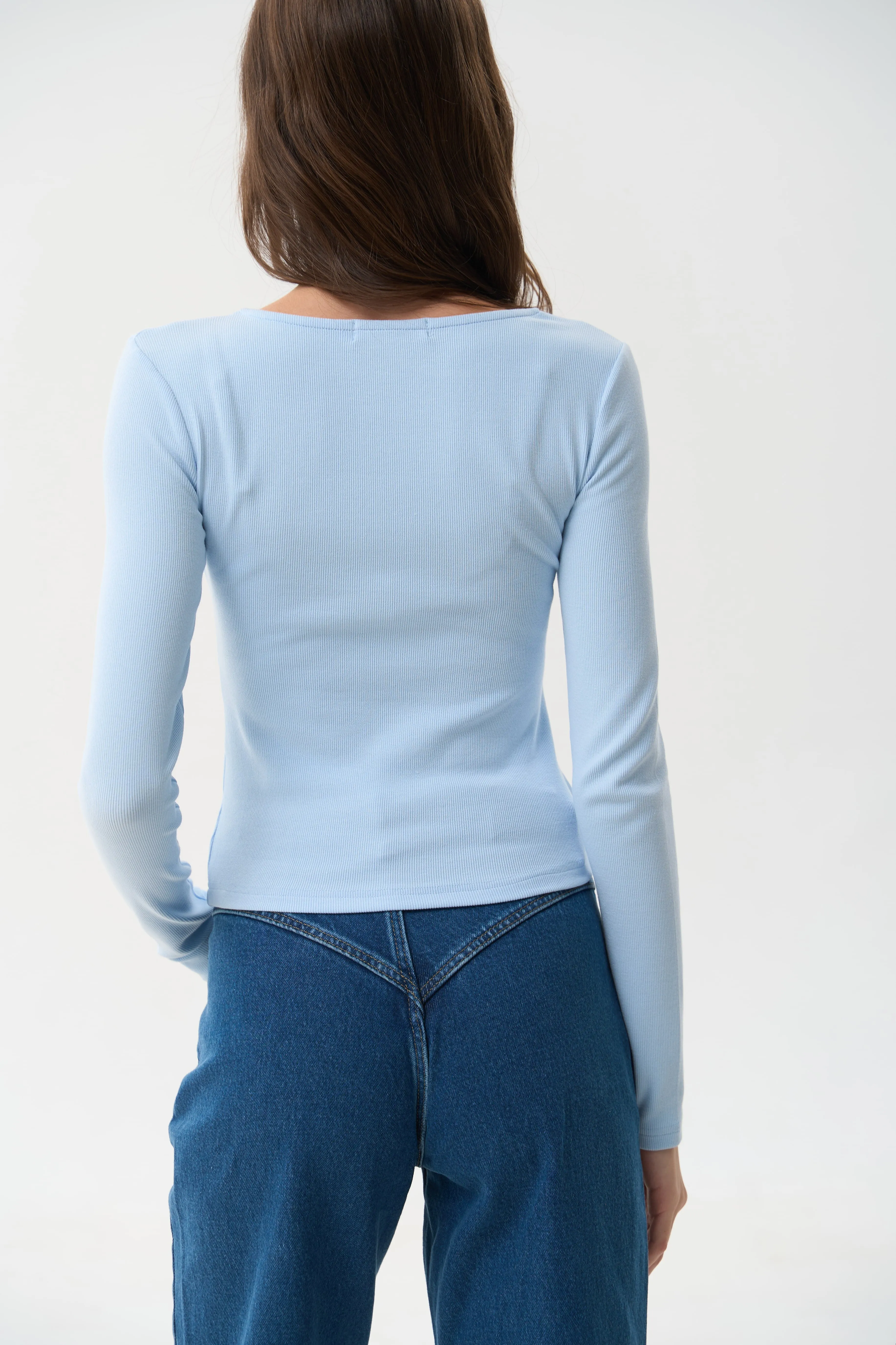 Blue Assymmetric Neckline Long Sleeve Top