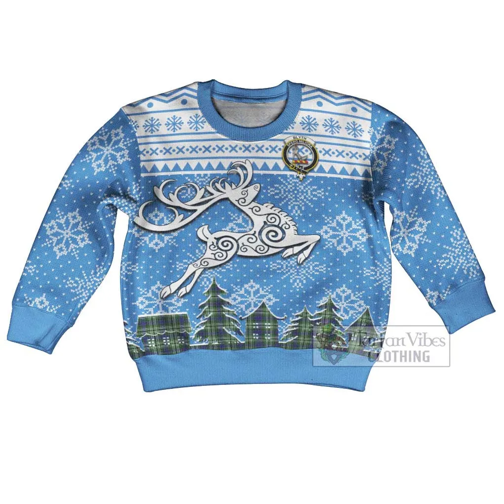 Blyth Clan Christmas Kid Ugly Sweater with Tartan and Celtic Reindeer Style