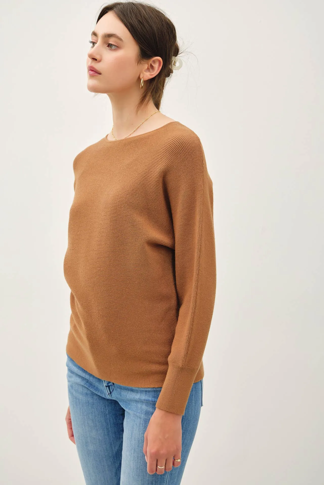 BOAT NECK DOLMAN SLEEVE RIBBED SWEATER