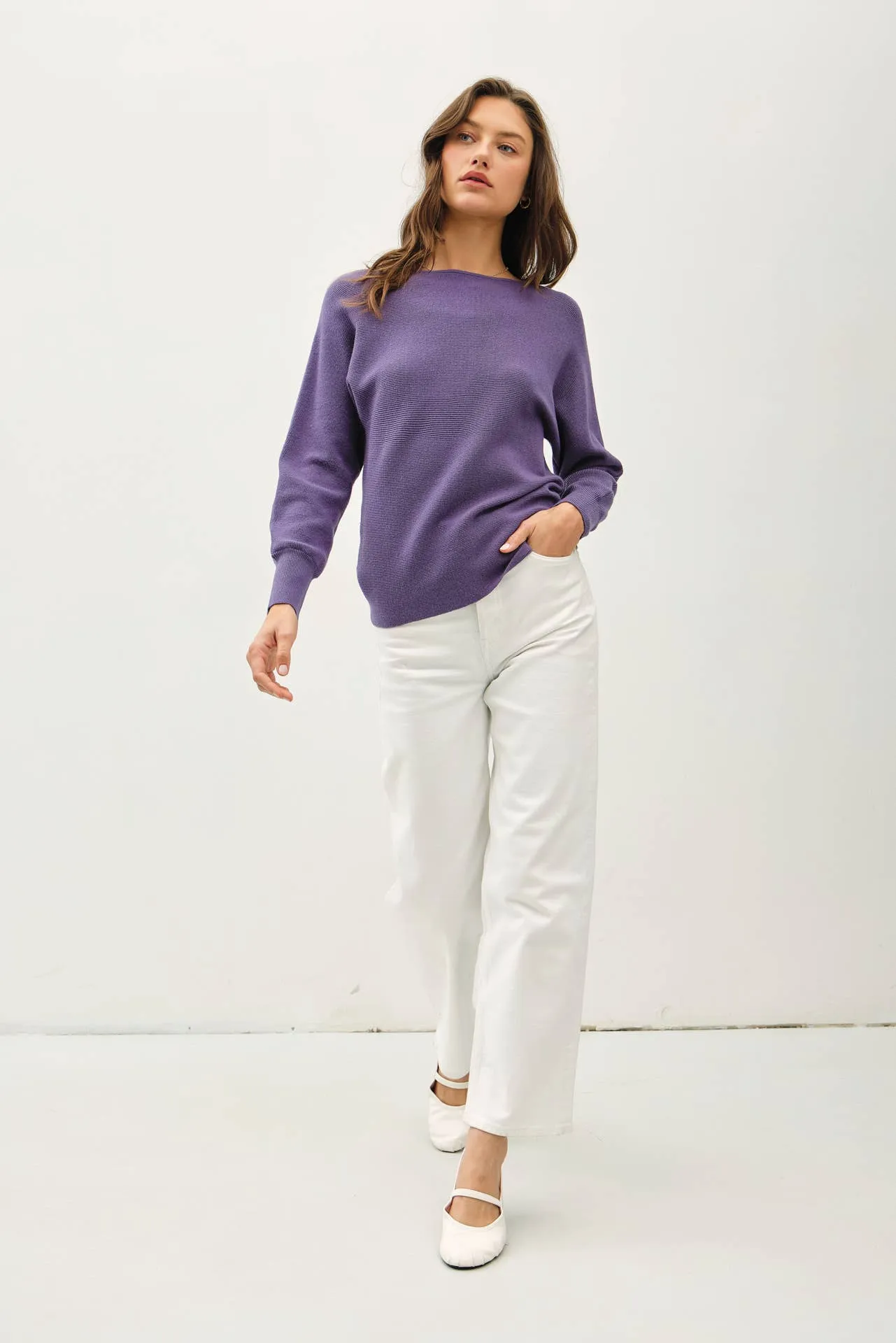 BOAT NECK DOLMAN SLEEVE RIBBED SWEATER