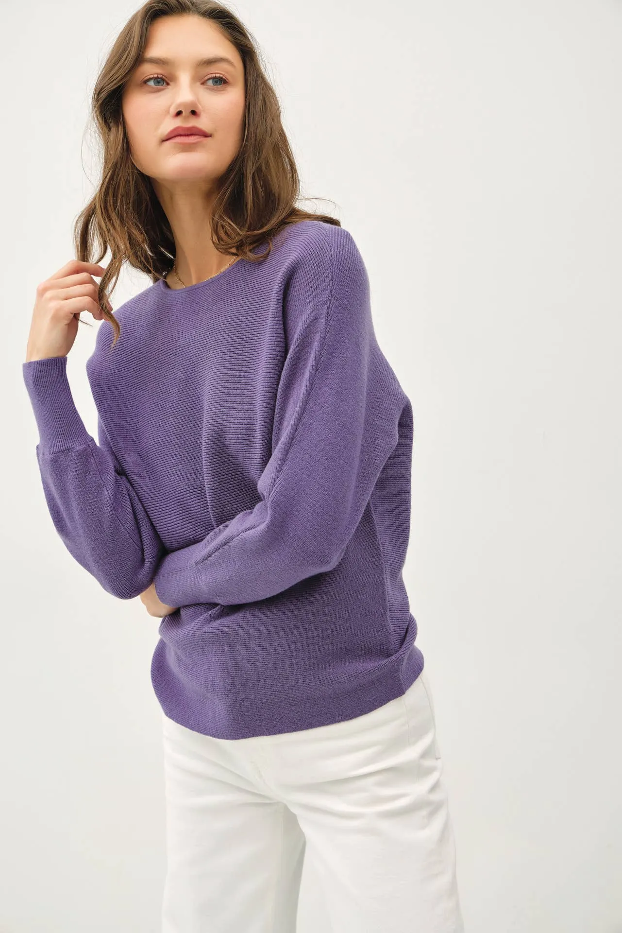 BOAT NECK DOLMAN SLEEVE RIBBED SWEATER