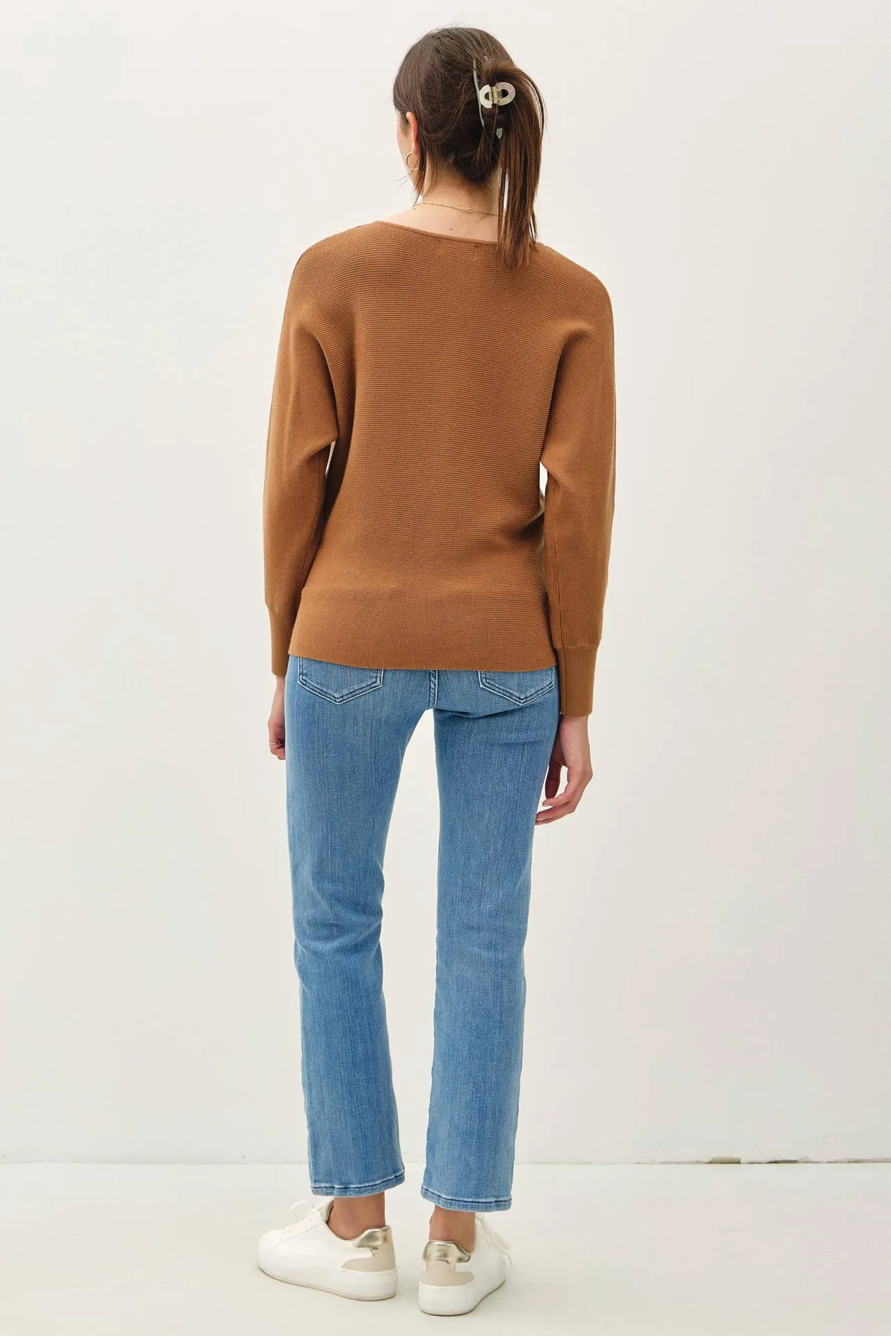 BOAT NECK DOLMAN SLEEVE RIBBED SWEATER