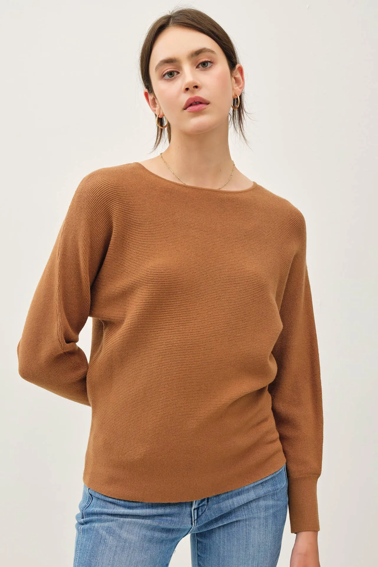 BOAT NECK DOLMAN SLEEVE RIBBED SWEATER