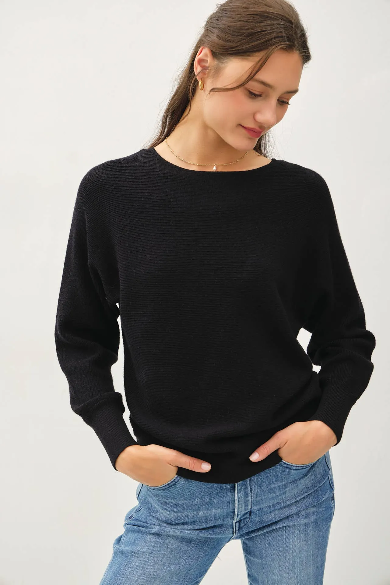 BOAT NECK DOLMAN SLEEVE RIBBED SWEATER