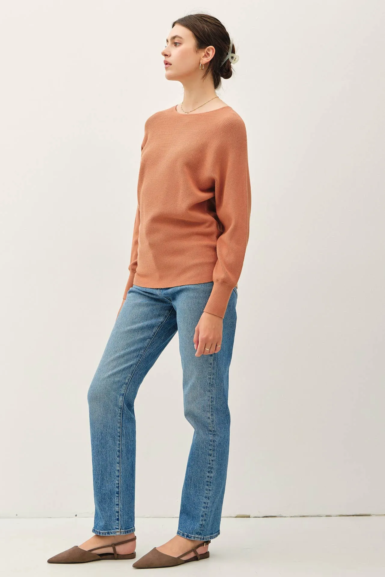 BOAT NECK DOLMAN SLEEVE RIBBED SWEATER