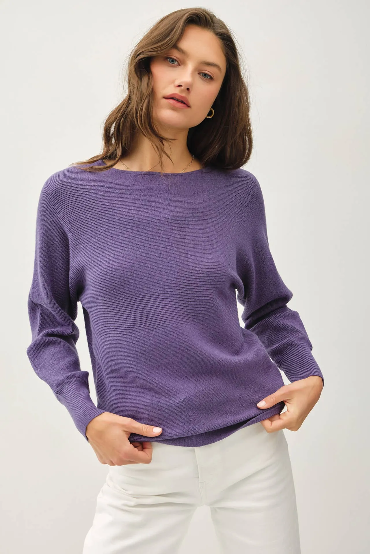 BOAT NECK DOLMAN SLEEVE RIBBED SWEATER