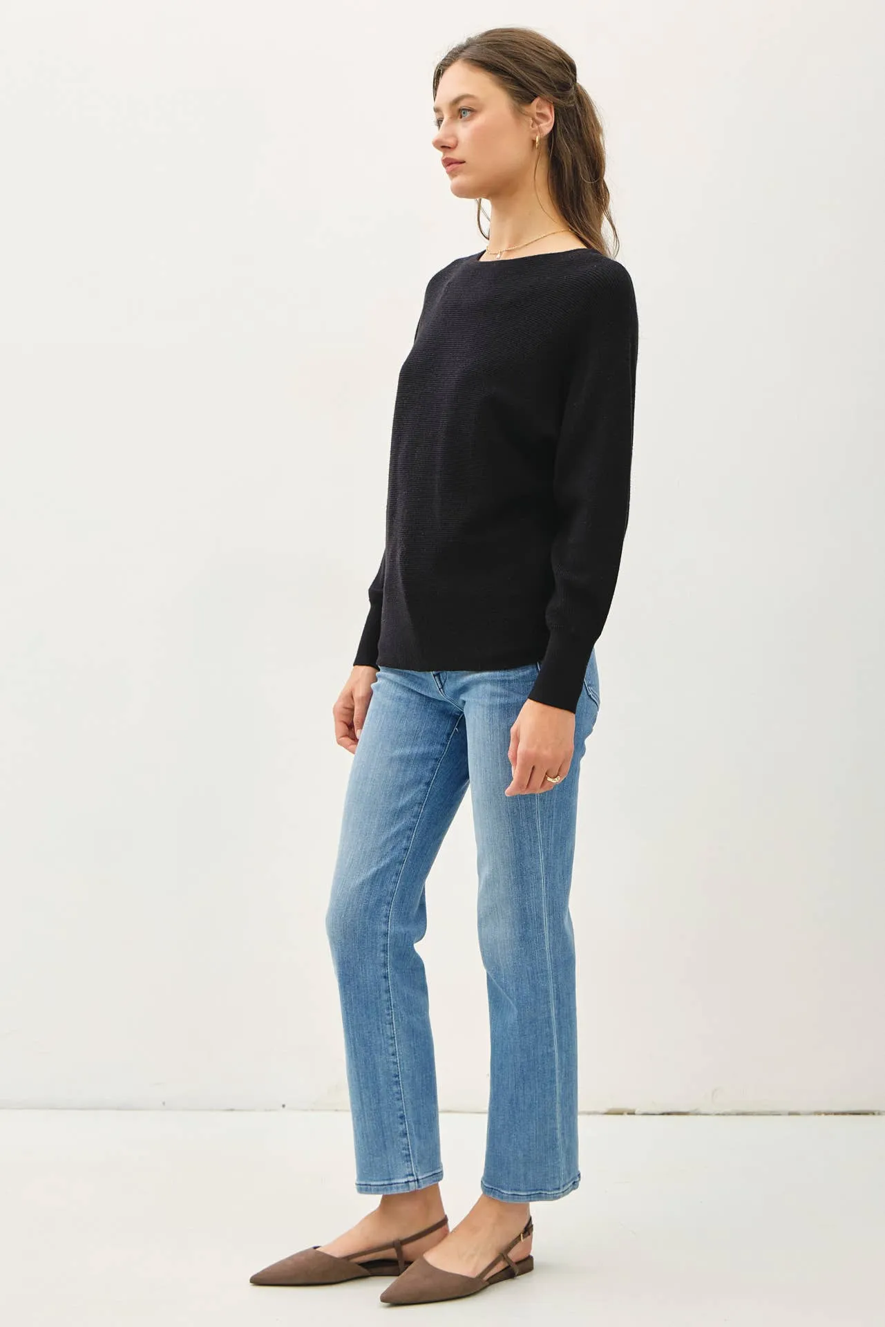 BOAT NECK DOLMAN SLEEVE RIBBED SWEATER