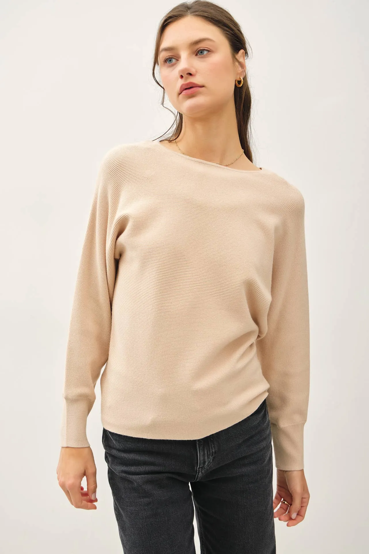 BOAT NECK DOLMAN SLEEVE RIBBED SWEATER