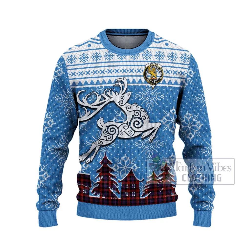 Brown (Broun) Clan Christmas Ugly Sweater with Tartan and Celtic Reindeer Style