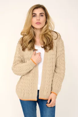 Cashmere Mix Double Ply Cable Knitted Cardigan in Beige