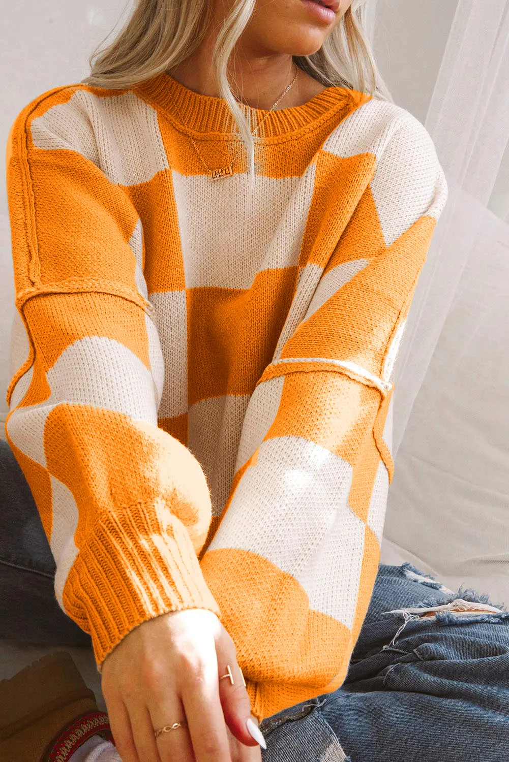 Checker Reverse Seam Crewneck Sweater