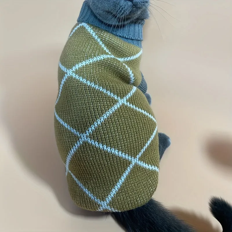 Cozy and Stylish Fashion Cats Sweater in Khaki Rhombus