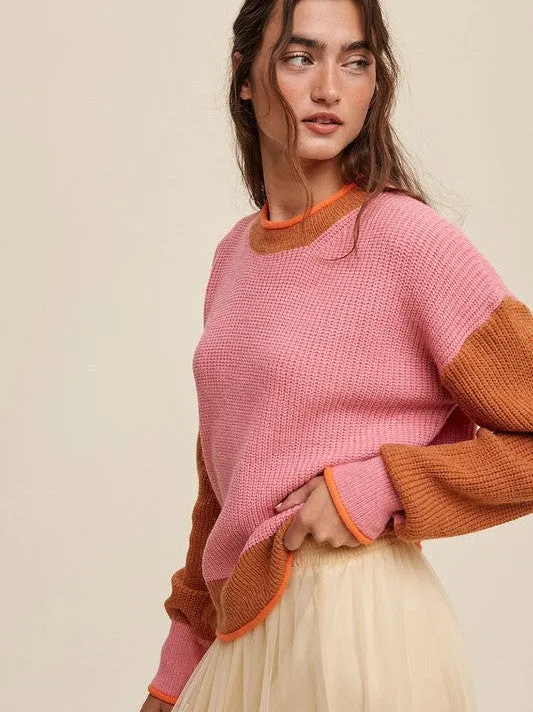 Crafted in PInk Ribbed Knit Color Block Sweater