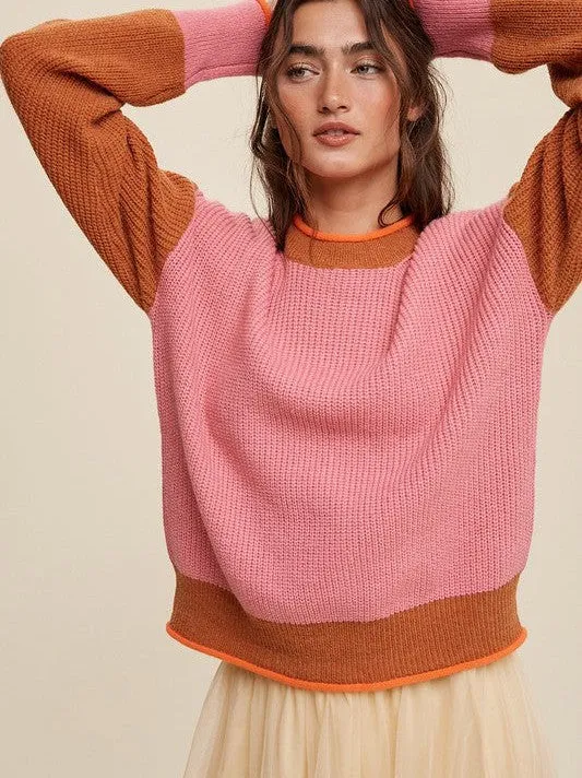 Crafted in PInk Ribbed Knit Color Block Sweater