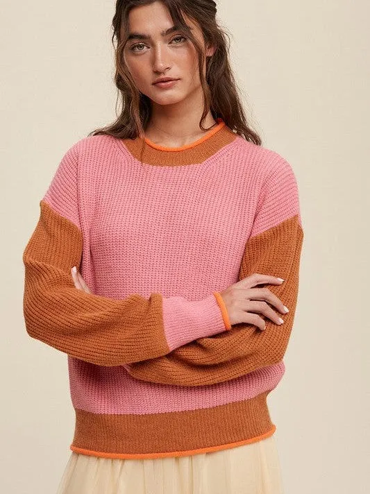 Crafted in PInk Ribbed Knit Color Block Sweater