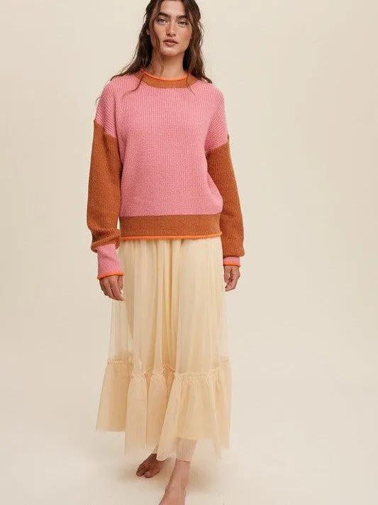 Crafted in PInk Ribbed Knit Color Block Sweater