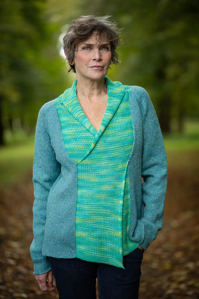 Cross Front Jumper in Aqua Pure New Wool and Handpainted Cotton