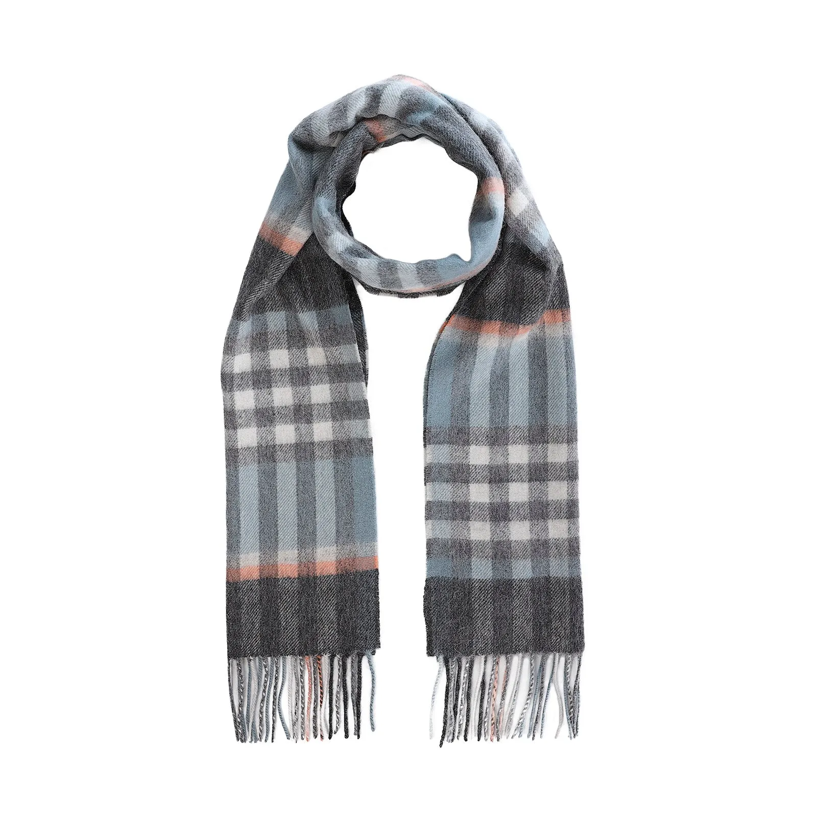 Edinburgh 100% Lambswool Scarf  Chequer Orange Grey L Blue (24534)