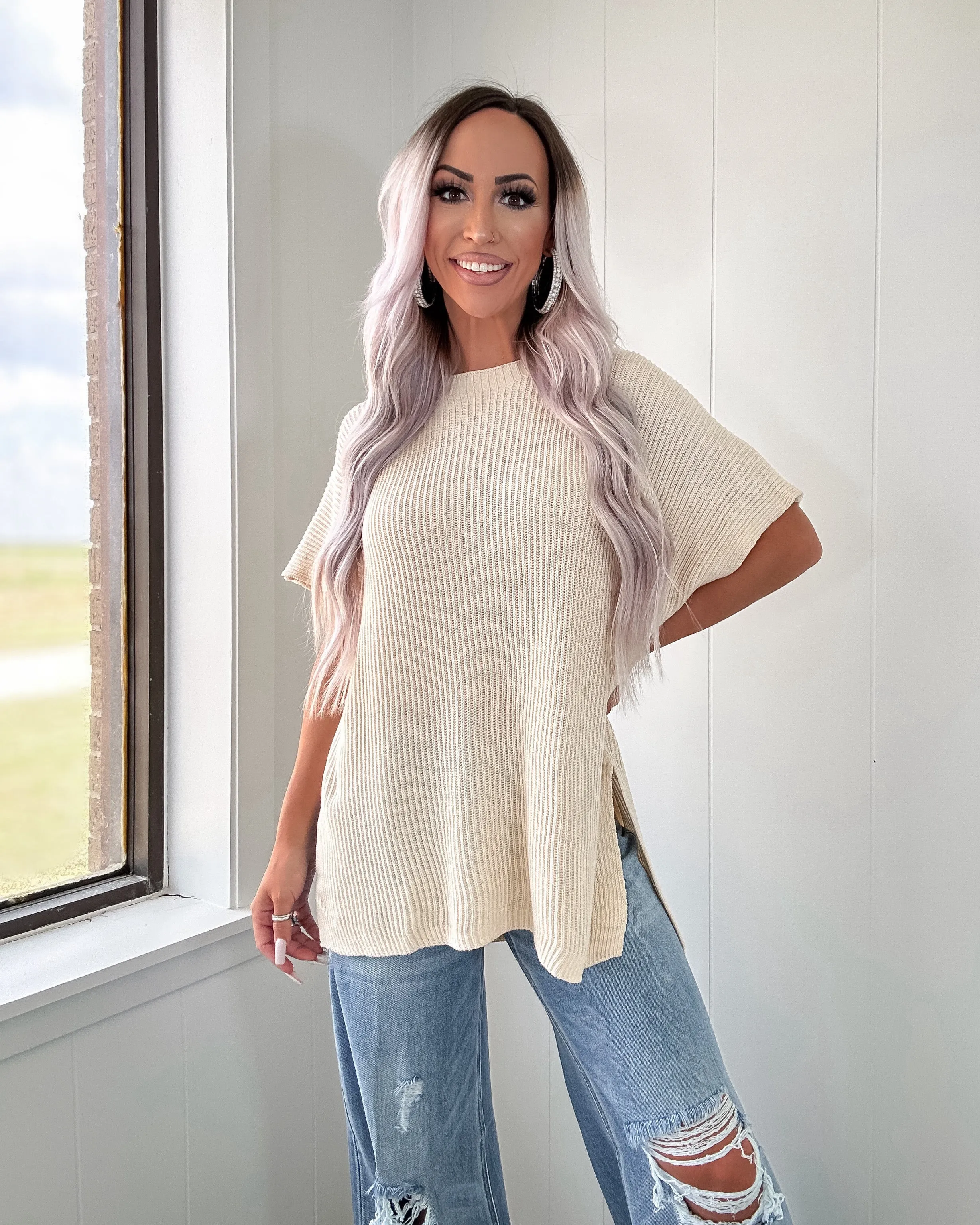 Everyday Elegance Side Slit Oversized Sweater - Cream