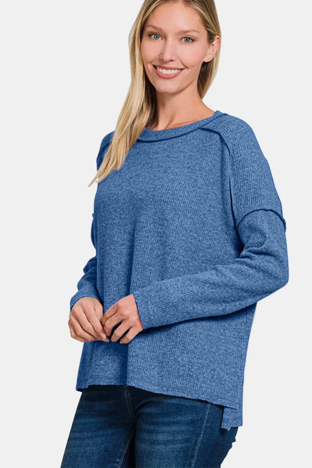 Exposed Seam Brushed Round Neck Sweater - Navy