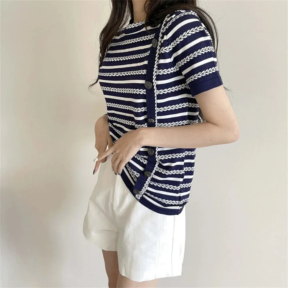 Girlary Summer Retro T-Shirts Sweaters Women Knitwear Office Wear Stripes Hot Stylish Chic Work Wear Short Sleeves Jumpers