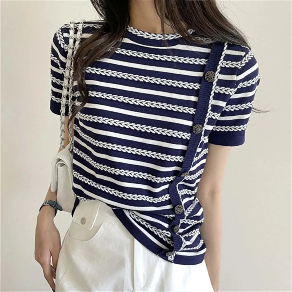 Girlary Summer Retro T-Shirts Sweaters Women Knitwear Office Wear Stripes Hot Stylish Chic Work Wear Short Sleeves Jumpers