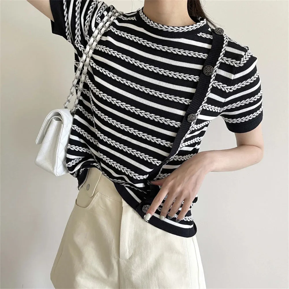 Girlary Summer Retro T-Shirts Sweaters Women Knitwear Office Wear Stripes Hot Stylish Chic Work Wear Short Sleeves Jumpers