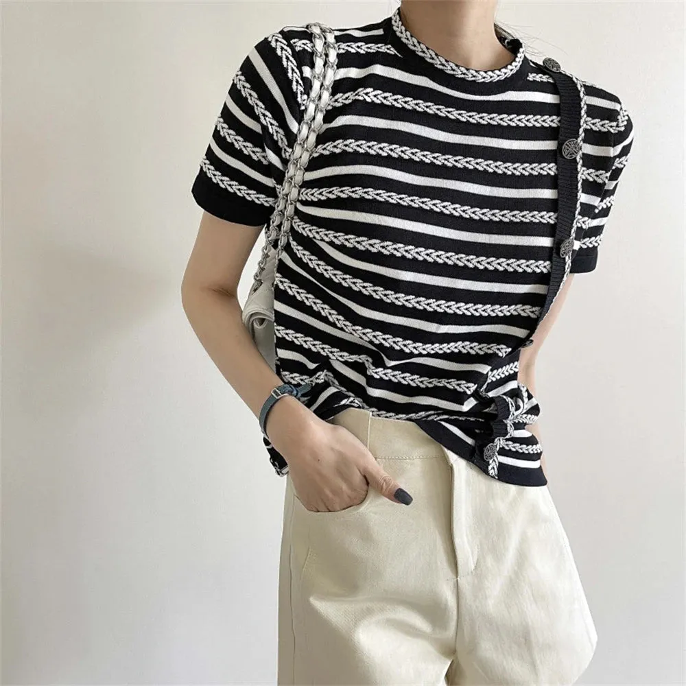 Girlary Summer Retro T-Shirts Sweaters Women Knitwear Office Wear Stripes Hot Stylish Chic Work Wear Short Sleeves Jumpers