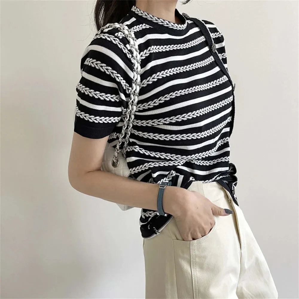 Girlary Summer Retro T-Shirts Sweaters Women Knitwear Office Wear Stripes Hot Stylish Chic Work Wear Short Sleeves Jumpers